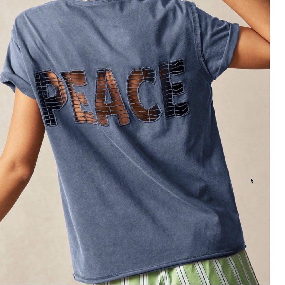 Vintage Wash Blue Peace Cut Out Short Sleeve Top - Size Large NWT - Picture 3 of 5